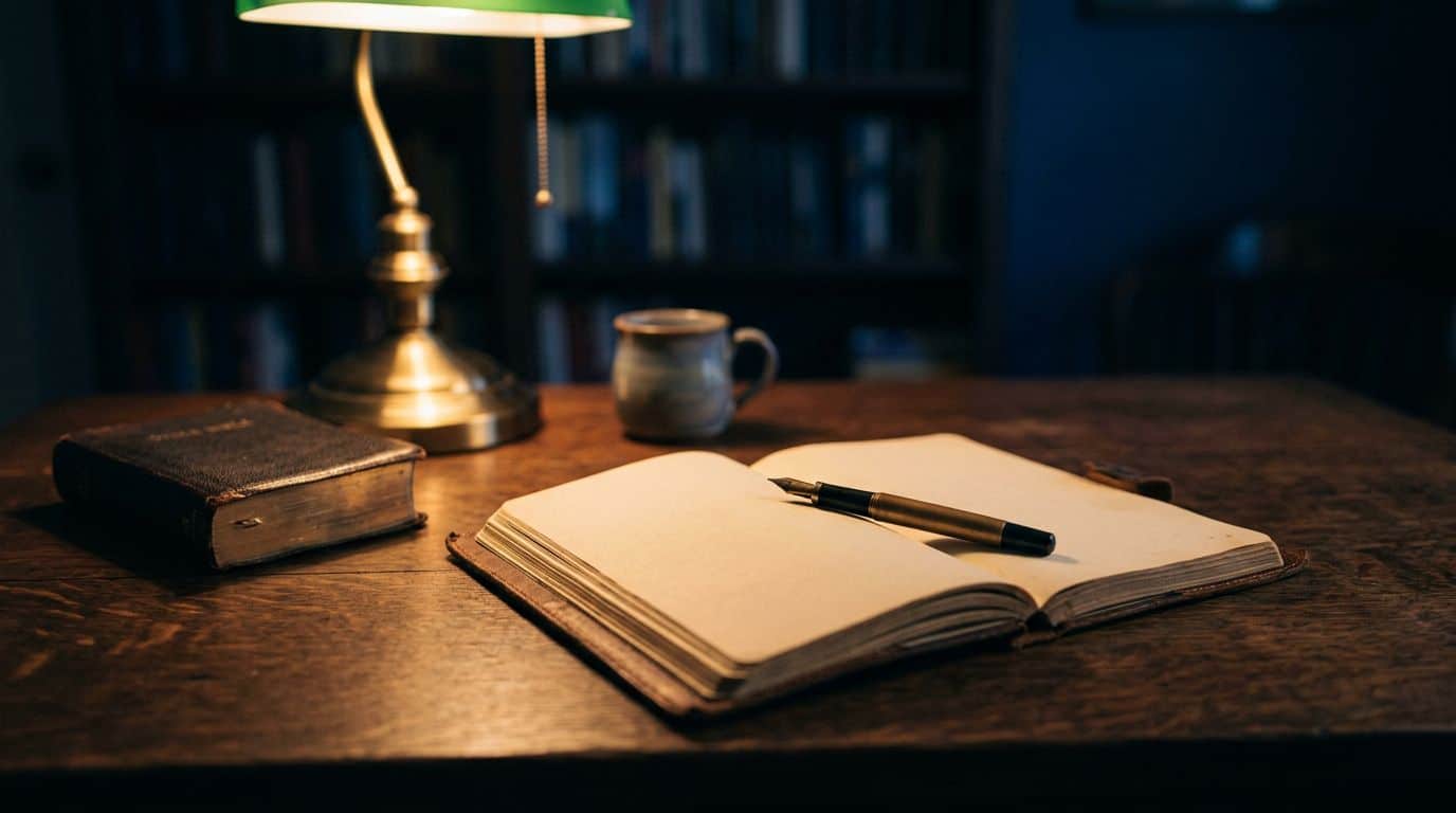 A Bible, journal, and pen on a quiet desk, suggesting reflection and personal testimony.
